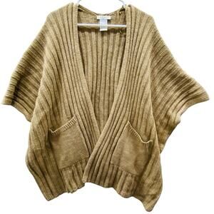 COCOGIO Camel Cardigan Wool Alpaca Blend Poncho Cable Knit Open Sweater Italy